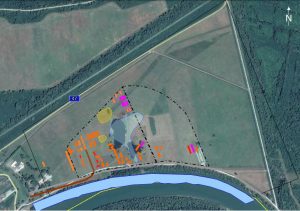 Modificirani nacrt logora Jasenovac prema Zemaljskoj komisiji superponiran na satelitsku snimku lokacije logora